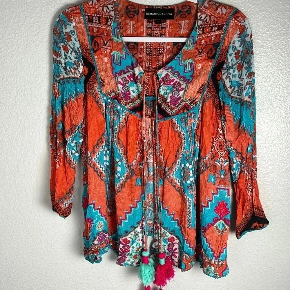 Hemant & Nandita Long Sleeve Tassle Blouse